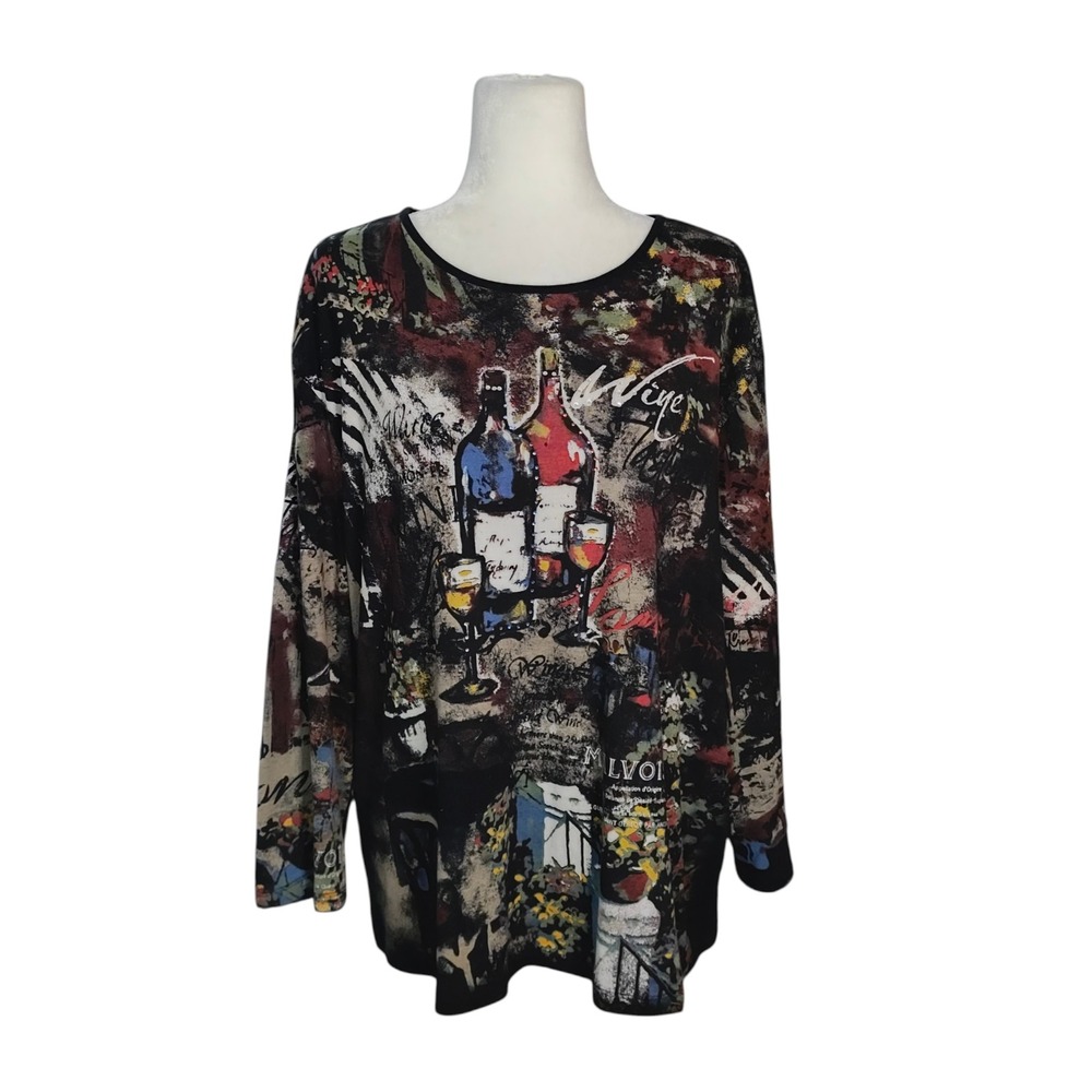 Jess & Jane Wine Graphic Long Sleeve Top Rhinestone Art Print Black Plus Size 3X